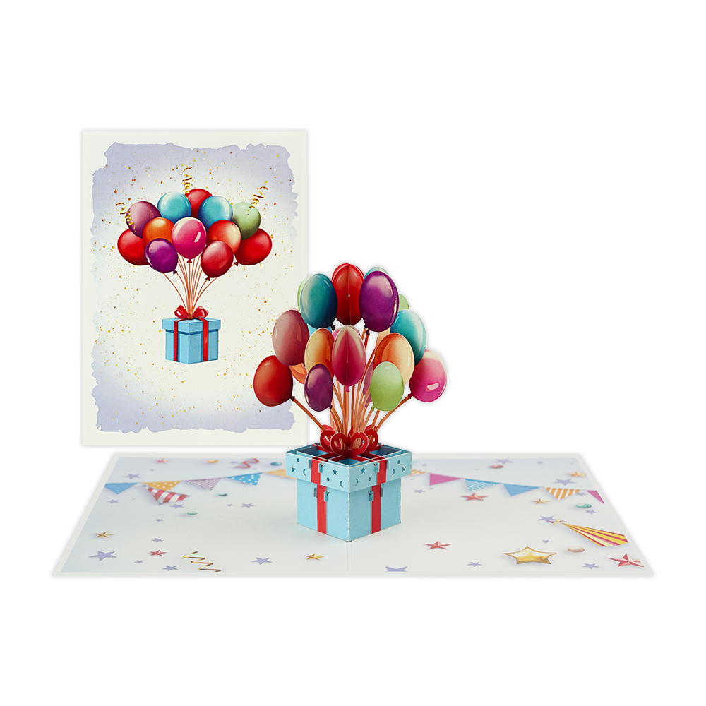 Ballonnen cadeau - Formaat: Normaal - Vorm: Staand - Blanco kaart - Op deze wenskaart staat een cadeau dat de lucht in getild wordt door ballonnen. - Snelwenskaart