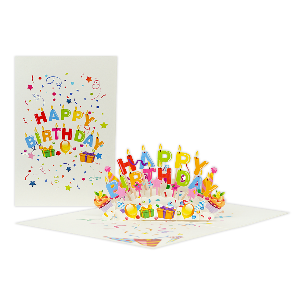 Happy birthday - Formaat: Normaal - Vorm: Staand - Verjaardagskaart - Op deze wenskaart staat de tekst: "Happy birthday" omringt door ballonnen, cadeaus en slingers. - Snelwenskaart