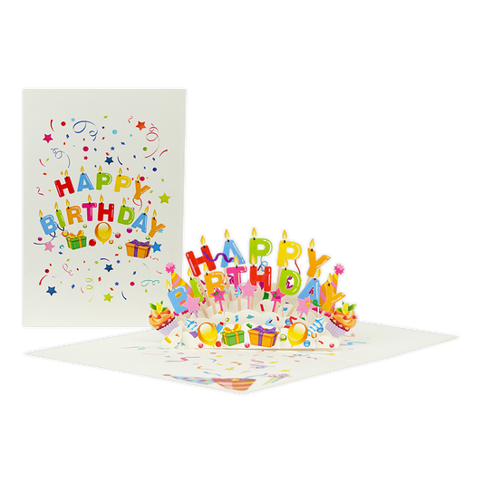 Happy birthday - Formaat: Normaal - Vorm: Staand - Verjaardagskaart - Op deze wenskaart staat de tekst: "Happy birthday" omringt door ballonnen, cadeaus en slingers. - Snelwenskaart