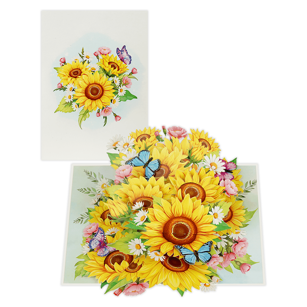 Zonnebloemen - Formaat: Standaard - Vorm: Staand - Blanco kaart - Op deze wenskaart staan zonnebloemen met blauwe en paarse vlinders. - Snelwenskaart