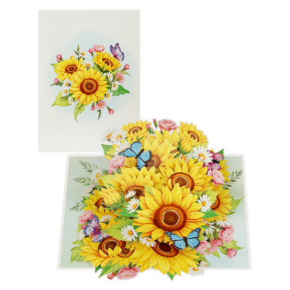 Zonnebloemen - Formaat: Standaard - Vorm: Staand - Blanco kaart - Op deze wenskaart staan zonnebloemen met blauwe en paarse vlinders. - Snelwenskaart