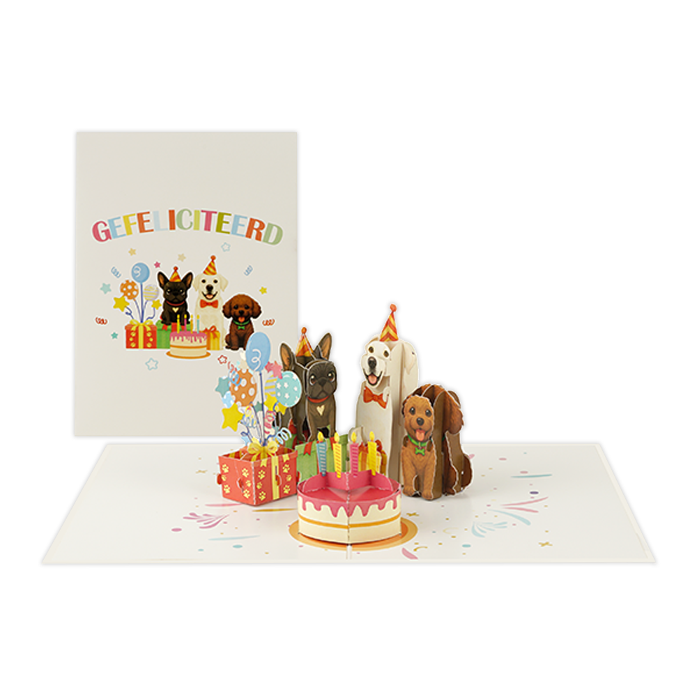 Gefeliciteerd - Formaat: Normaal - Vorm: Staand - Felicitatiekaart - Op deze wenskaart staan drie honden met cadeaus en ballonnen. Daarboven staat de tekst: "Gefeliciteerd". - Snelwenskaart
