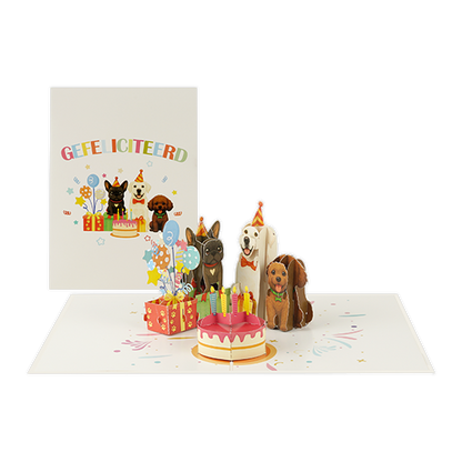 Gefeliciteerd - Formaat: Normaal - Vorm: Staand - Felicitatiekaart - Op deze wenskaart staan drie honden met cadeaus en ballonnen. Daarboven staat de tekst: "Gefeliciteerd". - Snelwenskaart