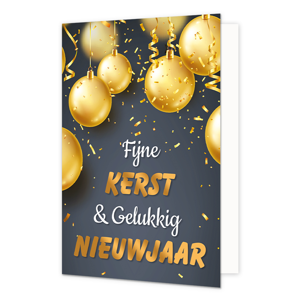 Fijne kerst & gelukkig nieuwjaar - 8 stuks - Formaat: Normaal - Vorm: Staand - Kerstkaart - Op deze wenskaart staan verschillende glanzende gouden kerstballen centraal tegen een donkergrijze achtergrond. De ballen hangen aan dunne gouden draadjes en zijn omringd door sierlijke, krullende gouden linten en neerkomende gouden confetti, wat zorgt voor een feestelijk effect. In het midden van de kaart staat de tekst "Fijne KERST & Gelukkig NIEUWJAAR". Hierbij zijn "Fijne" en "& Gelukkig" geschreven in een sierl