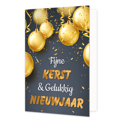 Fijne kerst & gelukkig nieuwjaar - 8 stuks - Formaat: Standaard - Vorm: Staand - Kerstkaart - Op deze wenskaart staan verschillende glanzende gouden kerstballen centraal tegen een donkergrijze achtergrond. De ballen hangen aan dunne gouden draadjes en zijn omringd door sierlijke, krullende gouden linten en neerkomende gouden confetti, wat zorgt voor een feestelijk effect. In het midden van de kaart staat de tekst "Fijne KERST & Gelukkig NIEUWJAAR". Hierbij zijn "Fijne" en "& Gelukkig" geschreven in een sie