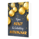 Fijne kerst & gelukkig nieuwjaar - 8 stuks - Formaat: Standaard - Vorm: Staand - Kerstkaart - Op deze wenskaart staan verschillende glanzende gouden kerstballen centraal tegen een donkergrijze achtergrond. De ballen hangen aan dunne gouden draadjes en zijn omringd door sierlijke, krullende gouden linten en neerkomende gouden confetti, wat zorgt voor een feestelijk effect. In het midden van de kaart staat de tekst "Fijne KERST & Gelukkig NIEUWJAAR". Hierbij zijn "Fijne" en "& Gelukkig" geschreven in een sie
