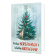 Prettige kerstdagen & gelukkig nieuwjaar - 8 stuks - Formaat: Standaard - Vorm: Staand - Kerstkaart - Op deze wenskaart staat een sfeervolle illustratie van een versierde kerstboom in een winters bos. De boom is getooid met rode en gouden kerstballen en bovenop prijkt een grote, glinsterende sneeuwvlok als piek. Voor de boom staat een jong hertje (ree) in de sneeuw. De achtergrond toont een mistig, blauwachtig bos met besneeuwde bomen, wat een serene en magische uitstraling geeft. Onderaan de kaart staat i