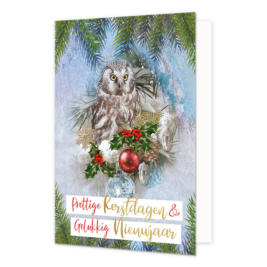 Prettige kerstdagen & gelukkig nieuwjaar - 8 stuks - Formaat: Normaal - Vorm: Staand - Kerstkaart - Op deze wenskaart staat een uil centraal, omringd door winterse en feestelijke elementen. De uil kijkt aandachtig naar voren en zit tussen hulsttakjes met rode besjes, dennentakken, gouden sterren en kerstballen in rood en zilver. De achtergrond heeft een ijzige, blauwwitte uitstraling met subtiele patronen die doen denken aan ijskristallen. Onderaan de kaart staat op twee witte tekstbalken de tekst "Prettig