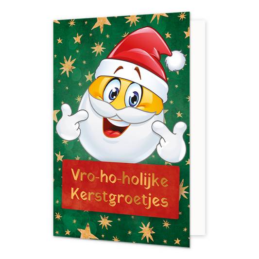Vro-ho-holijke kerstgroetjes - 8 stuks - Formaat: Normaal - Vorm: Staand - Kerstkaart - Op deze wenskaart staat een vrolijke, lachende smiley afgebeeld die verkleed is als de Kerstman, compleet met een rode kerstmuts, een witte baard en witte handschoenen. De smiley staat tegen een donkergroene achtergrond die versierd is met talloze gouden sterretjes en subtiele lichteffecten. Onderaan de kaart staat op een rood tekstvlak de tekst "Vro-ho-holijke Kerstgroetjes" in gouden letters. - Snelwenskaart