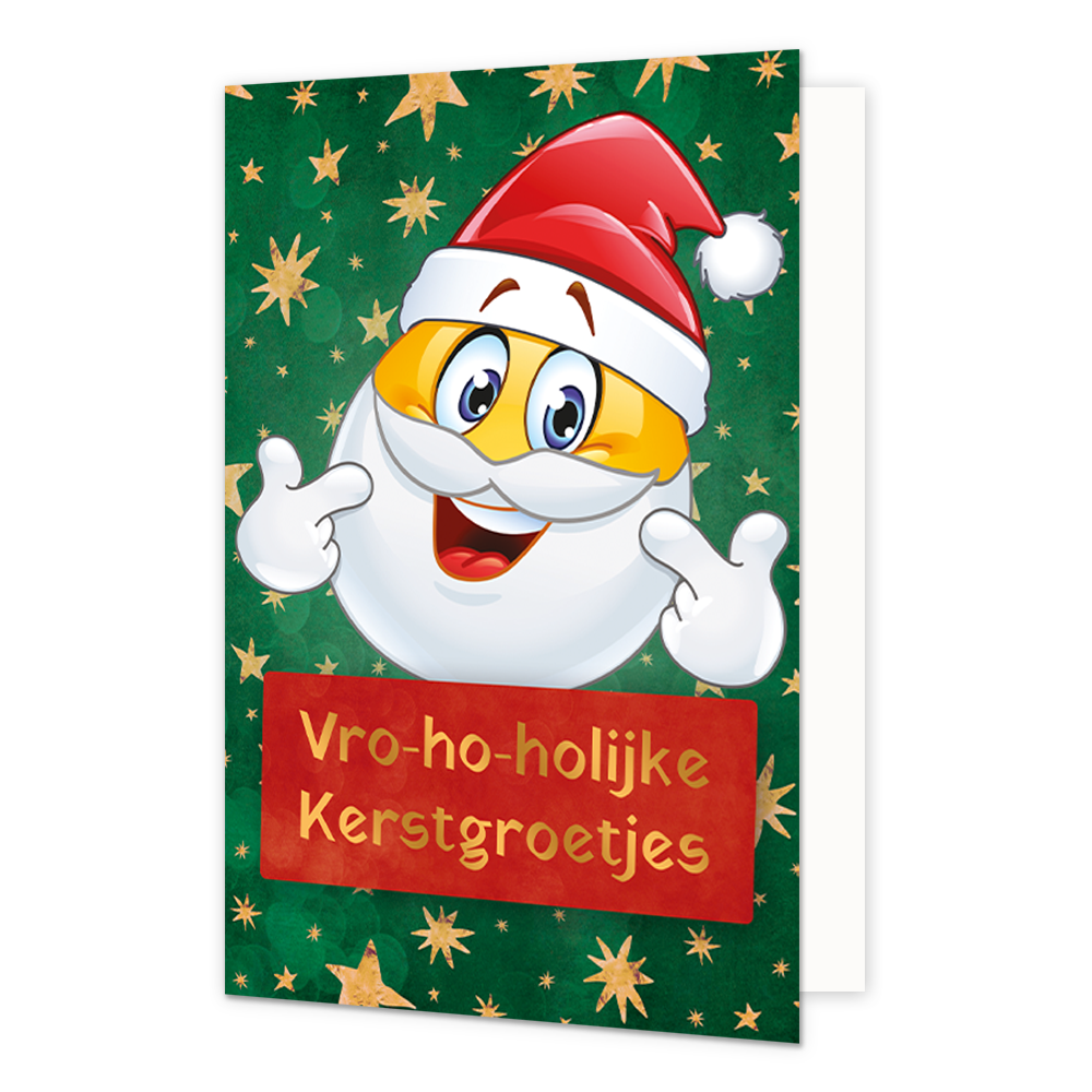 Op deze wenskaart staat een vrolijke, lachende smiley afgebeeld die verkleed is als de Kerstman, compleet met een rode kerstmuts, een witte baard en witte handschoenen. De smiley staat tegen een donkergroene achtergrond die versierd is met talloze gouden sterretjes en subtiele lichteffecten. Onderaan de kaart staat op een rood tekstvlak de tekst "Vro-ho-holijke Kerstgroetjes" in gouden letters.