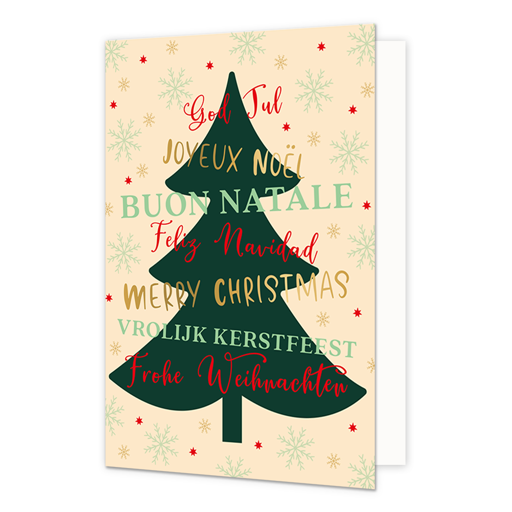 Op deze wenskaart staat een donkergroene kerstboom afgebeeld op een beige achtergrond die versierd is met lichtgroene sneeuwvlokken en kleine rode sterretjes. In de kerstboom staan kerstwensen in verschillende talen, zoals "God Jul", "Merry Christmas" en "Vrolijk Kerstfeest", uitgevoerd in rode, gouden en lichtgroene letters.