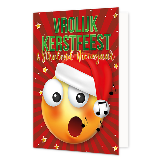  Op deze wenskaart staat een zingende gele emoji met een rode kerstmuts tegen een rode achtergrond met zonnestralen en gouden sterretjes. Rondom de mond van de emoji zweven zwarte muzieknoten om het zingen te verbeelden. Bovenaan de kaart staat de tekst "VROLIJK KERSTFEEST" in grote groene letters met een rode omlijning. Daaronder staat in een sierlijk goudkleurig handschrift de tekst "& Stralend Nieuwjaar" geschreven. 