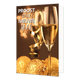 Proost op het nieuwe jaar - 8 stuks - Formaat: Standaard - Vorm: Staand - Kerstkaart - Op de wenskaart image_00205d.jpg staan twee gevulde champagneglazen centraal voor een warme bruine achtergrond met een bokeh-effect van lichtvlekken. Onderaan de glazen liggen drie goudkleurige kerstballen die versierd zijn met glitterachtige krulpatronen. Een glanzende gouden slinger krult verticaal tussen de twee glazen door. Aan de linkerkant staat de tekst "PROOST OP HET NIEUWE JAAR" in witte letters - Snelwenskaart