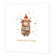 Merry christmas - Formaat: Standaard - Vorm: Vierkant - Kerstkaart - Op deze wenskaart staat een aandoenlijke illustratie van een Schotse hooglander, die helemaal klaar is voor de winter met een rode kerstmuts en een warm geruit sjaaltje. Het harige kalfje kijkt met een zachte blik vooruit en wordt omringd door vrolijke goudkleurige stipjes en sneeuwvlokjes tegen een helderwitte achtergrond. Onderaan de kaart staat in elegante gouden letters de wens "merry christmas". - Snelwenskaart