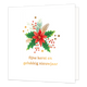 Fijne kerst en gelukkig nieuwjaar - Formaat: Standaard - Vorm: Vierkant - Kerstkaart - Op deze wenskaart staat een klassieke botanische illustratie van een rode kerstster (Poinsettia) in het midden van een feestelijk arrangement. De bloem wordt omringd door groene hulstbladeren, dennentakjes en trossen rode besjes. Het geheel is gedecoreerd met fonkelende goudkleurige sterretjes tegen een heldere witte achtergrond. Onderaan de kaart staat in elegante gouden letters de wens "fijne kerst en gelukkig nieuwjaa