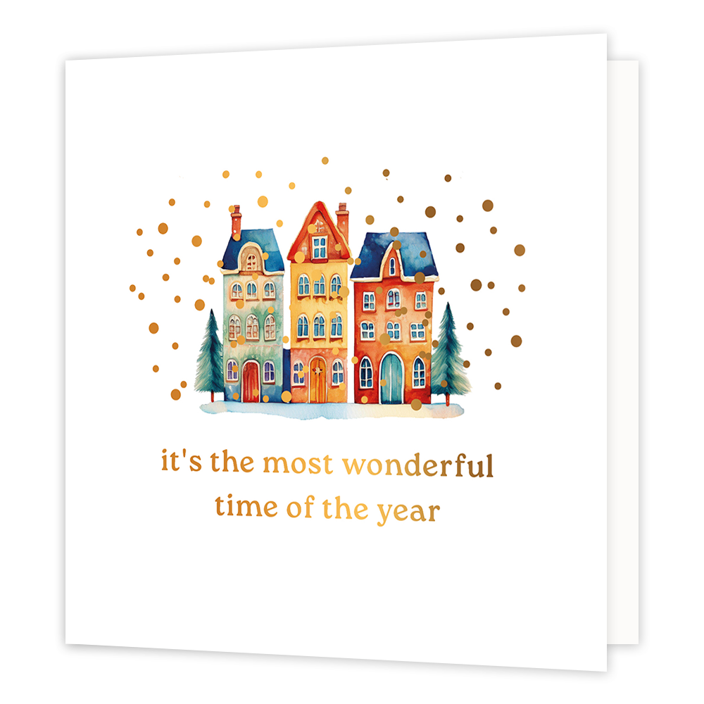 It's the most wonderful time of the year - Formaat: Normaal - Vorm: Vierkant - Kerstkaart - Op deze wenskaart staat een sfeervolle aquarel-illustratie van drie kleurrijke, karakteristieke grachtenpanden in winterse sferen. De huisjes, in tinten blauw, geel en oranje, staan in de sneeuw en worden geflankeerd door twee groene dennenboompjes. Het tafereel wordt omringd door een feestelijke regen van goudkleurige stipjes tegen een helderwitte achtergrond. Onderaan de kaart staat in elegante gouden letters de t
