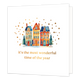 It's the most wonderful time of the year - Formaat: Standaard - Vorm: Vierkant - Kerstkaart - Op deze wenskaart staat een sfeervolle aquarel-illustratie van drie kleurrijke, karakteristieke grachtenpanden in winterse sferen. De huisjes, in tinten blauw, geel en oranje, staan in de sneeuw en worden geflankeerd door twee groene dennenboompjes. Het tafereel wordt omringd door een feestelijke regen van goudkleurige stipjes tegen een helderwitte achtergrond. Onderaan de kaart staat in elegante gouden letters de