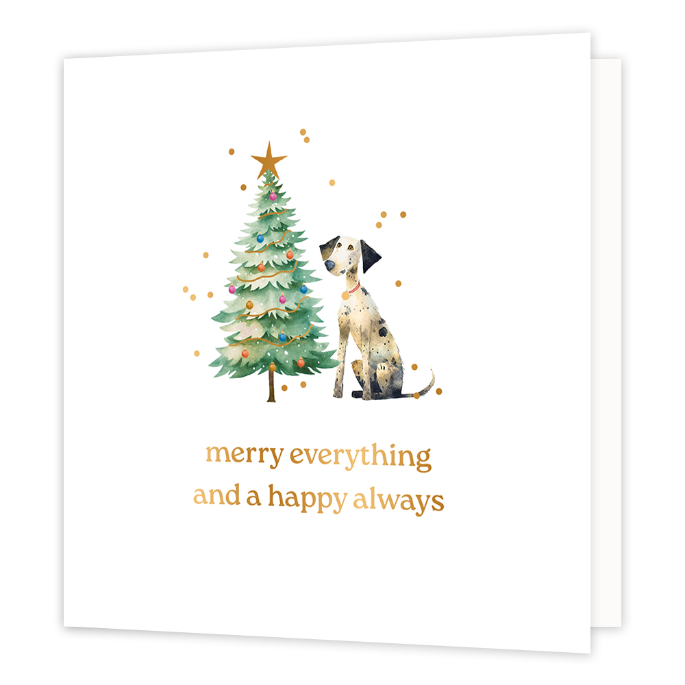 Merry everything and a happy always - Formaat: Normaal - Vorm: Vierkant - Kerstkaart - Op deze wenskaart staat een aandoenlijke aquarel-illustratie van een gevlekte hond die rustig naast een versierde kerstboom zit. De kerstboom is gedecoreerd met gekleurde balletjes en een gouden ster op de top, en het geheel wordt omringd door vrolijke goudkleurige stipjes tegen een heldere witte achtergrond. Onderaan de kaart staat in elegante gouden letters de hartelijke wens "merry everything and a happy always". - Sn