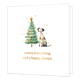 Merry everything and a happy always - Formaat: Normaal - Vorm: Vierkant - Kerstkaart - Op deze wenskaart staat een aandoenlijke aquarel-illustratie van een gevlekte hond die rustig naast een versierde kerstboom zit. De kerstboom is gedecoreerd met gekleurde balletjes en een gouden ster op de top, en het geheel wordt omringd door vrolijke goudkleurige stipjes tegen een heldere witte achtergrond. Onderaan de kaart staat in elegante gouden letters de hartelijke wens "merry everything and a happy always". - Sn