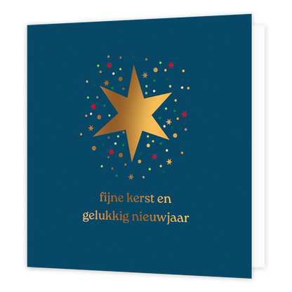 Fijne kerst en gelukkig nieuwjaar - Formaat: Normaal - Vorm: Vierkant - Kerstkaart - Op deze wenskaart staat een grote, goudkleurige zessterrige ster centraal tegen een diepblauwe achtergrond. De ster wordt omringd door een feestelijke explosie van kleinere gekleurde sterretjes en stipjes in rood, groen en goud, wat doet denken aan fonkelende kerstverlichting of vuurwerk. Onderaan de kaart staat in elegante gouden letters de wens "fijne kerst en gelukkig nieuwjaar". - Snelwenskaart
