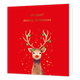 Oh deer! Merry christmas - Formaat: Standaard - Vorm: Vierkant - Kerstkaart - Op deze wenskaart staat een aandoenlijke illustratie van een rendier met een rode neus, wiens gewei feestelijk is versierd met kleine groene kerstballen met gouden sterren. Het rendier is afgebeeld tegen een helderrode achtergrond en wordt omringd door vrolijke goudkleurige stipjes. Bovenaan de kaart staat de grappige woordspeling "oh deer! merry christmas" geschreven in elegante gouden letters. - Snelwenskaart