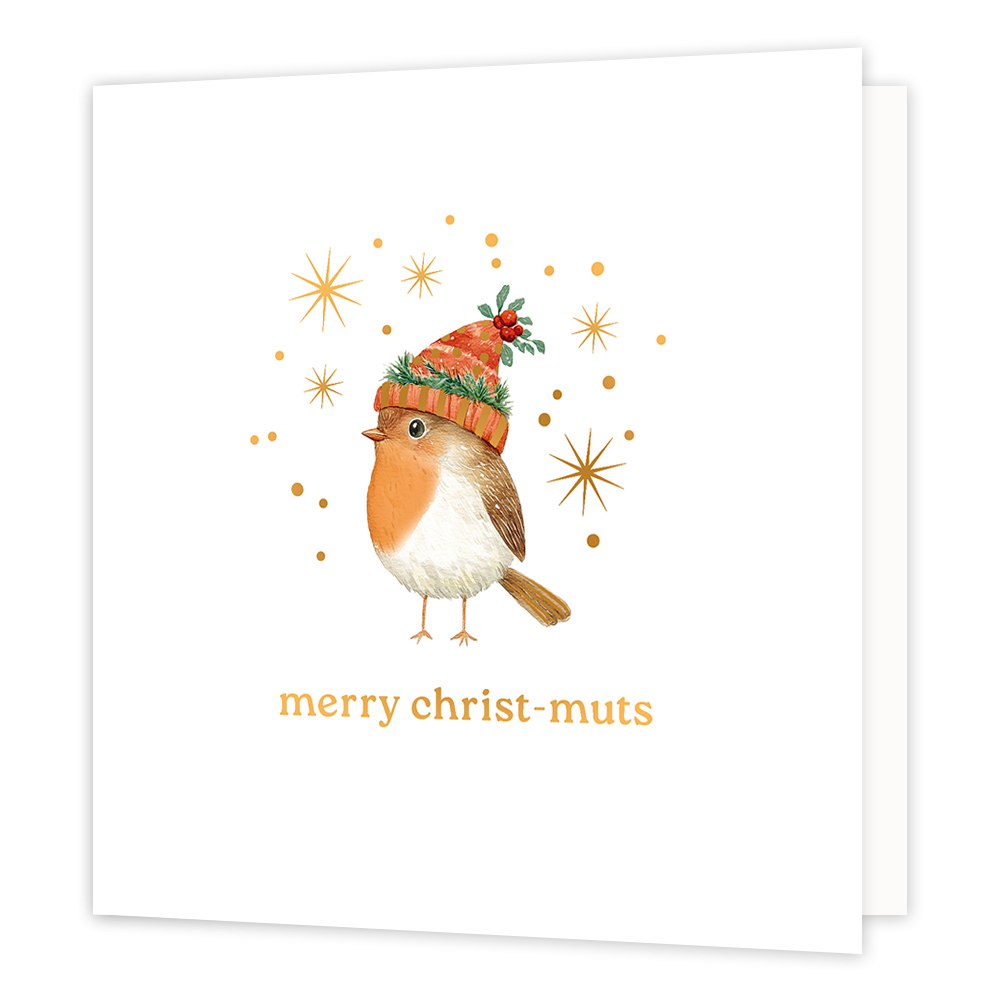 Merry christ-muts - Formaat: Normaal - Vorm: Vierkant - Kerstkaart - Op deze wenskaart staat een aandoenlijke illustratie van een roodborstje dat een vrolijke, roodgebreide muts draagt. De muts is versierd met groene kersttakjes en rode besjes. Het vogeltje wordt omringd door fonkelende goudkleurige sterretjes en stipjes tegen een heldere witte achtergrond. Onderaan de kaart staat de grappige woordspeling "merry christ-muts" geschreven in goudkleurige letters. - Snelwenskaart