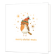 Merry christ-muts - Formaat: Standaard - Vorm: Vierkant - Kerstkaart - Op deze wenskaart staat een aandoenlijke illustratie van een roodborstje dat een vrolijke, roodgebreide muts draagt. De muts is versierd met groene kersttakjes en rode besjes. Het vogeltje wordt omringd door fonkelende goudkleurige sterretjes en stipjes tegen een heldere witte achtergrond. Onderaan de kaart staat de grappige woordspeling "merry christ-muts" geschreven in goudkleurige letters. - Snelwenskaart