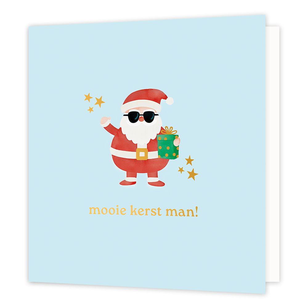 Mooie kerst man! - Formaat: Normaal - Vorm: Vierkant - Kerstkaart - Op deze wenskaart staat een grappige illustratie van een 'coole' kerstman die een zonnebril draagt tegen een lichtblauwe achtergrond. Hij heeft een groen cadeautje in zijn hand en wordt geflankeerd door fonkelende gouden sterretjes. Onderaan de kaart staat in goudkleurige letters de tekst "mooie kerst man!". - Snelwenskaart