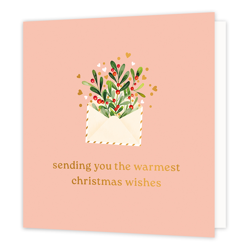 Sending you the warmest christmas wishes - Formaat: Normaal - Vorm: Vierkant - Kerstkaart - Op deze wenskaart staat een charmante illustratie van een geopende envelop waaruit een boeket van winterse groene takjes met rode besjes tevoorschijn komt. De scène is versierd met kleine witte en goudkleurige hartjes en stipjes tegen een zachte, zalmroze achtergrond. Onderaan de kaart staat in elegante goudkleurige letters de tekst "sending you the warmest christmas wishes". - Snelwenskaart