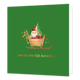 Vro-ho-ho-lijk kerstfeest - Formaat: Standaard - Vorm: Vierkant - Kerstkaart - Op deze wenskaart staat een aandoenlijke illustratie van de kerstman in een goudkleurige slee, vergezeld door een kerstboom en kleurrijke cadeautjes. De slee is versierd met een winters takje met rode bessen en wordt omringd door fonkelende gouden sterretjes en stipjes, afgebeeld tegen een frisgroene achtergrond. Onderaan de kaart staat in elegante gouden letters de tekst "vro-ho-ho-lijk kerstfeest". - Snelwenskaart