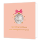 Sparkling holidays and a magical new year - Formaat: Normaal - Vorm: Vierkant - Kerstkaart - Op deze wenskaart staat een feestelijke illustratie van een discobal, die als een kerstbal is vormgegeven met een goudkleurig kroontje en een vrolijke roze strik. De discobal wordt omringd door fonkelende goudkleurige sterretjes tegen een zachte, zalmroze achtergrond. Onderaan de kaart staat in elegante goudkleurige letters de tekst "sparkling holidays and a magical new year". - Snelwenskaart