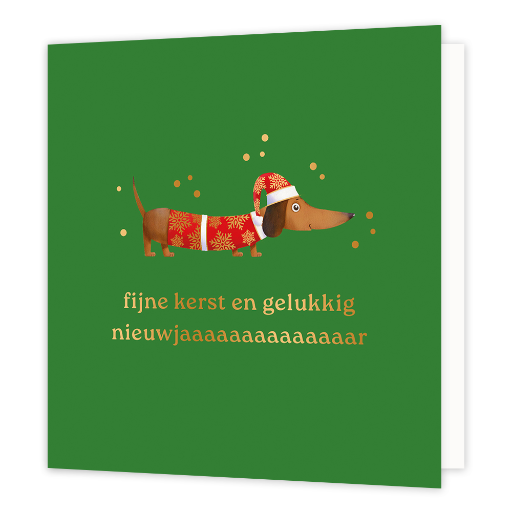 Fijne kerst en gelukkig nieuwjaar - Formaat: Normaal - Vorm: Vierkant - Kerstkaart - Op deze wenskaart staat een grappige illustratie van een langwerpige teckel tegen een groene achtergrond. Het hondje draagt een feestelijk rood kerstjasje en een bijpassende kerstmuts, beide versierd met gouden sneeuwvlokken. De teckel wordt omringd door vrolijke gouden stipjes. Onderaan de kaart staat in goudkleurige letters de tekst "fijne kerst en gelukkig nieuwjaaaaaaaaaaaaaaaar". - Snelwenskaart