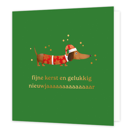 Op deze wenskaart staat een grappige illustratie van een langwerpige teckel tegen een groene achtergrond. Het hondje draagt een feestelijk rood kerstjasje en een bijpassende kerstmuts, beide versierd met gouden sneeuwvlokken. De teckel wordt omringd door vrolijke gouden stipjes. Onderaan de kaart staat in goudkleurige letters de tekst "fijne kerst en gelukkig nieuwjaaaaaaaaaaaaaaaar".