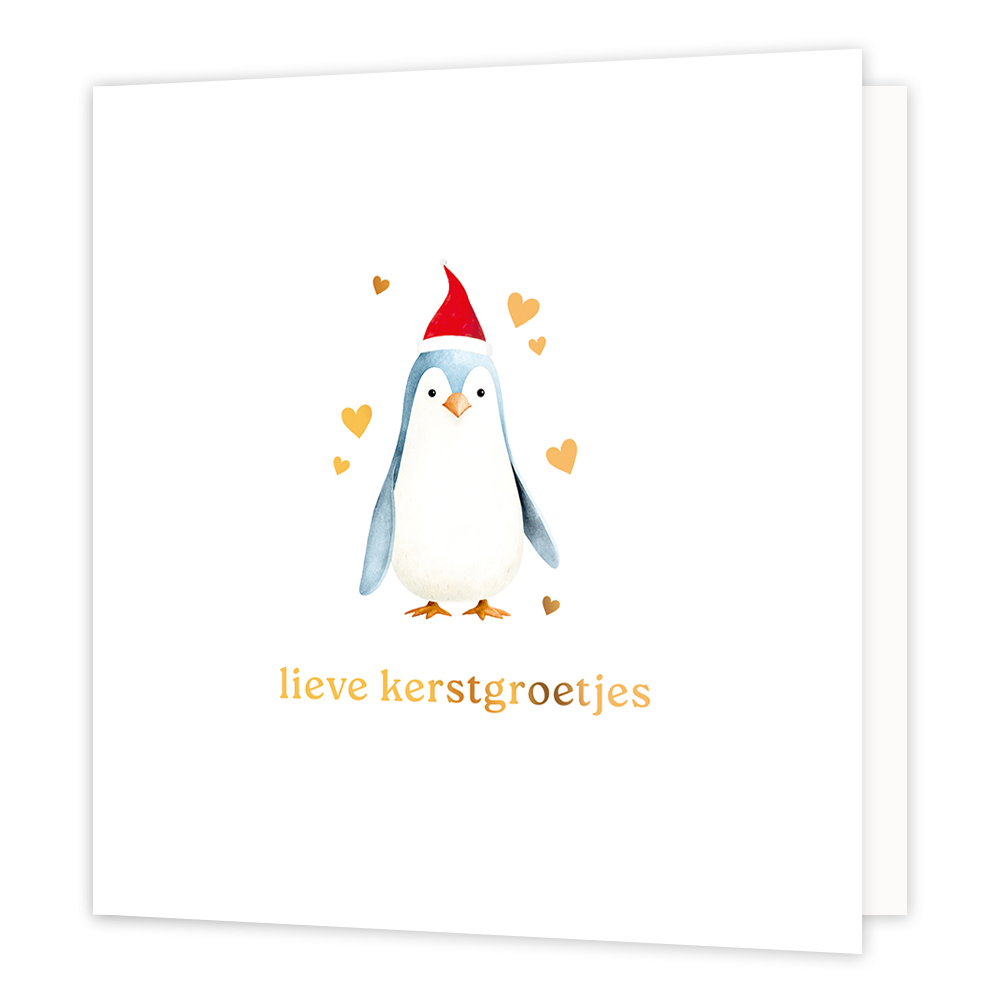 Lieve kerstgroetjes - Formaat: Normaal - Vorm: Vierkant - Kerstkaart - Op deze wenskaart staat een aandoenlijke aquarel-illustratie van een kleine pinguïn die een rood kerstmutsje draagt. De pinguïn wordt omringd door verschillende goudkleurige hartjes tegen een heldere, witte achtergrond. Onderaan de kaart staat in elegante goudkleurige letters de tekst "lieve kerstgroetjes". - Snelwenskaart