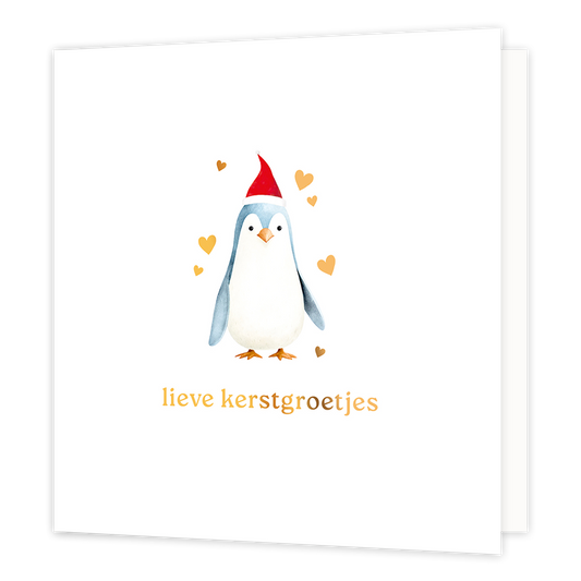 Op deze wenskaart staat een aandoenlijke aquarel-illustratie van een kleine pinguïn die een rood kerstmutsje draagt. De pinguïn wordt omringd door verschillende goudkleurige hartjes tegen een heldere, witte achtergrond. Onderaan de kaart staat in elegante goudkleurige letters de tekst "lieve kerstgroetjes".