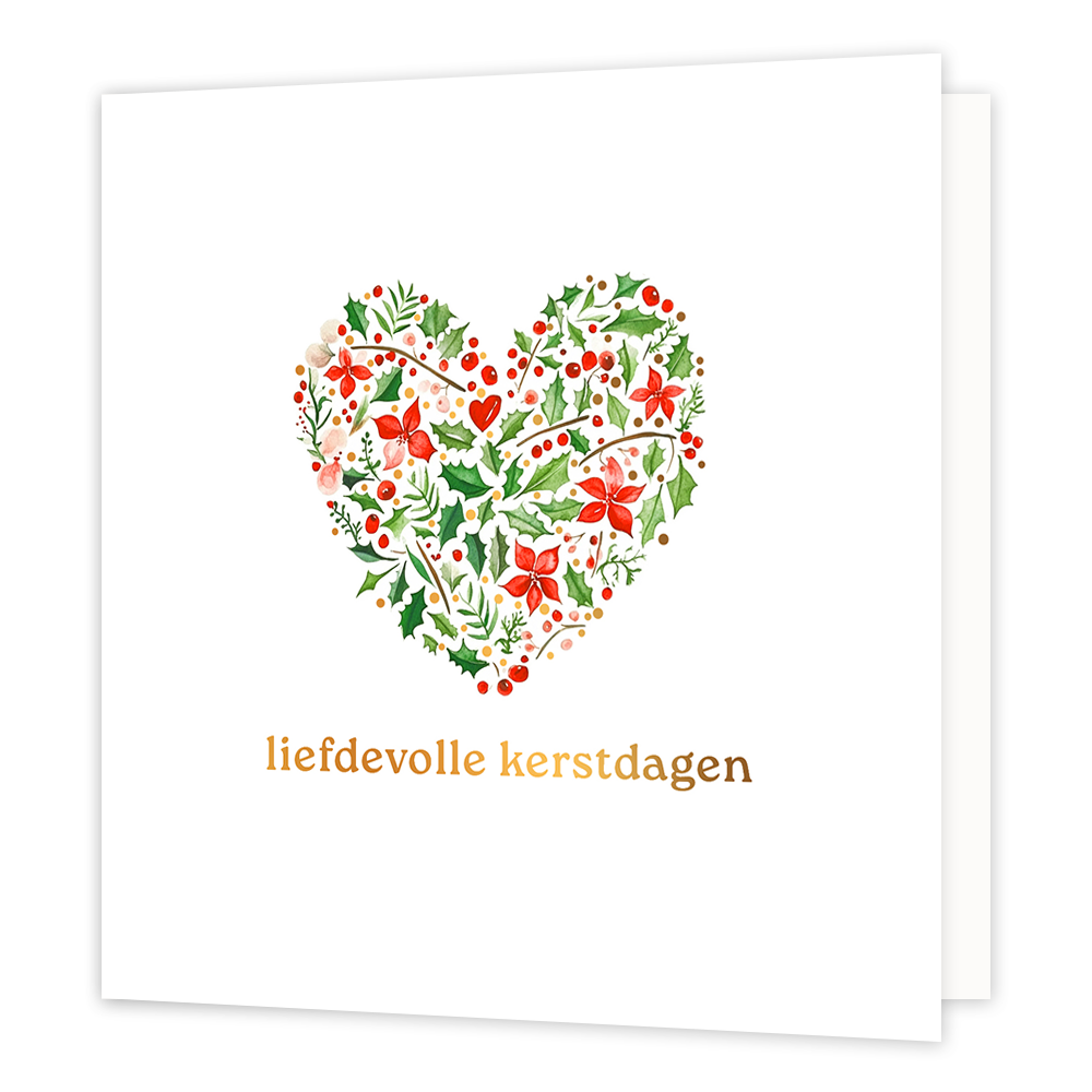 Liefdevolle kerstdagen - Formaat: Normaal - Vorm: Vierkant - Kerstkaart - Op deze wenskaart staat een prachtig hart centraal, samengesteld uit verschillende winterse elementen zoals groene hulstblaadjes, rode kerstbloemen en besjes. De illustratie is verfijnd en kleurrijk tegen een heldere, witte achtergrond. Onderaan de kaart staat in elegante goudkleurige letters de wens "liefdevolle kerstdagen". - Snelwenskaart