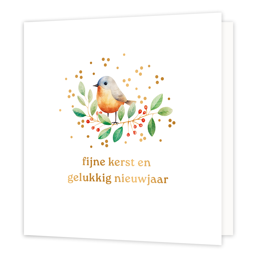 Fijne kerst en gelukkig nieuwjaar - Formaat: Normaal - Vorm: Vierkant - Kerstkaart - Op deze wenskaart staat een lieflijke illustratie van een vogeltje met een oranje borst dat op een takje zit met groene blaadjes en rode besjes. De afbeelding is omringd door vrolijke goudkleurige stipjes tegen een heldere witte achtergrond. Onderaan de kaart staat de tekst "fijne kerst en gelukkig nieuwjaar" geschreven in elegante goudkleurige letters. - Snelwenskaart