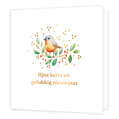 Fijne kerst en gelukkig nieuwjaar - Formaat: Normaal - Vorm: Vierkant - Kerstkaart - Op deze wenskaart staat een lieflijke illustratie van een vogeltje met een oranje borst dat op een takje zit met groene blaadjes en rode besjes. De afbeelding is omringd door vrolijke goudkleurige stipjes tegen een heldere witte achtergrond. Onderaan de kaart staat de tekst "fijne kerst en gelukkig nieuwjaar" geschreven in elegante goudkleurige letters. - Snelwenskaart