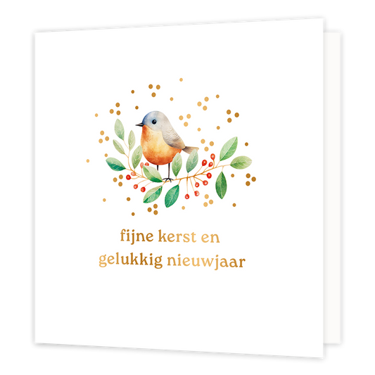 Fijne kerst en gelukkig nieuwjaar - Formaat: Normaal - Vorm: Vierkant - Kerstkaart - Op deze wenskaart staat een lieflijke illustratie van een vogeltje met een oranje borst dat op een takje zit met groene blaadjes en rode besjes. De afbeelding is omringd door vrolijke goudkleurige stipjes tegen een heldere witte achtergrond. Onderaan de kaart staat de tekst "fijne kerst en gelukkig nieuwjaar" geschreven in elegante goudkleurige letters. - Snelwenskaart