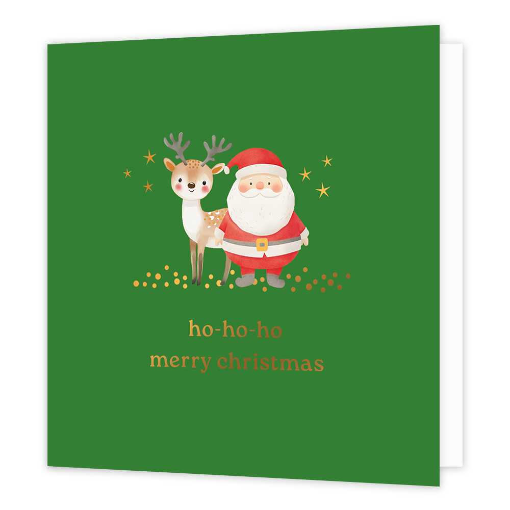 Ho-ho-ho merry christmas - Formaat: Normaal - Vorm: Vierkant - Kerstkaart - Op deze wenskaart staat een vriendelijke illustratie van de kerstman en een schattig rendier tegen een frisgroene achtergrond. De figuren worden omringd door fonkelende gouden sterretjes en staan op een ondergrond van gouden confetti. Onderaan de kaart staat in goudkleurige letters de tekst "ho-ho-ho merry christmas". - Snelwenskaart