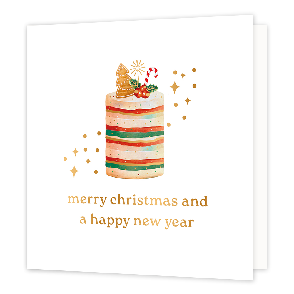 Merry christmas and a happy new year - Formaat: Normaal - Vorm: Vierkant - Kerstkaart - Op deze wenskaart staat een feestelijke gestreepte kersttaart versierd met een peperkoekboom, een zuurstok en hulstbessen. De taart wordt omringd door fonkelende gouden sterretjes en stipjes tegen een heldere witte achtergrond. Onderaan de kaart staat in een elegant goudkleurig lettertype de tekst "merry christmas and a happy new year". - Snelwenskaart