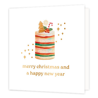 Merry christmas and a happy new year - Formaat: Normaal - Vorm: Vierkant - Kerstkaart - Op deze wenskaart staat een feestelijke gestreepte kersttaart versierd met een peperkoekboom, een zuurstok en hulstbessen. De taart wordt omringd door fonkelende gouden sterretjes en stipjes tegen een heldere witte achtergrond. Onderaan de kaart staat in een elegant goudkleurig lettertype de tekst "merry christmas and a happy new year". - Snelwenskaart
