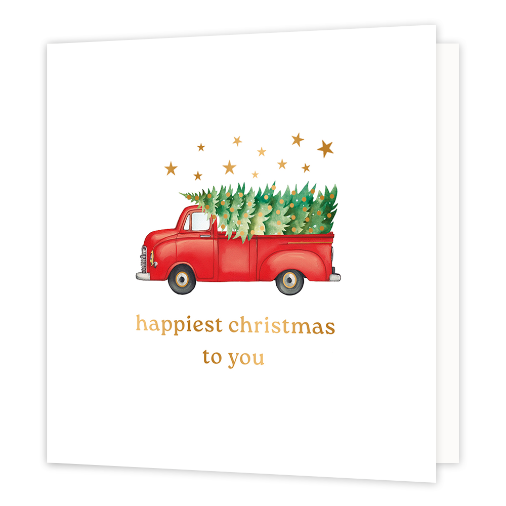 Happy christmas to you - Formaat: Standaard - Vorm: Vierkant - Kerstkaart - Op deze wenskaart staat een charmante illustratie van een klassieke rode pick-uptruck die een prachtig versierde kerstboom vervoert. Boven de truck zweven fonkelende gouden sterretjes tegen een heldere, witte achtergrond. Onderaan de kaart staat in een elegant gouden lettertype de wens "happiest christmas to you". - Snelwenskaart