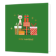 Feliz navidad - Formaat: Standaard - Vorm: Vierkant - Kerstkaart - Op deze wenskaart staat een eigenwijze Siamese kat die bovenop een grote stapel kleurrijke kerstcadeautjes zit. De cadeaus zijn feestelijk ingepakt met verschillende patronen zoals strepen en stippen in de kleuren rood, goud, wit en groen. De illustratie wordt omringd door fonkelende gouden sterretjes tegen een diepgroene achtergrond. Onderaan de kaart staat in goudkleurige letters de tekst "feliz navidad". - Snelwenskaart
