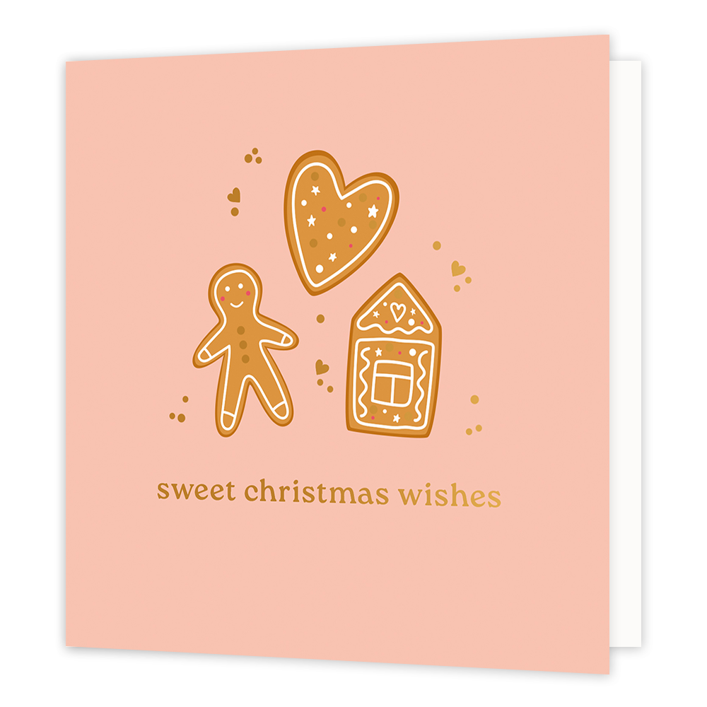 Sweet christmas wishes - Formaat: Normaal - Vorm: Vierkant - Kerstkaart - Op deze wenskaart staat een charmante illustratie van drie peperkoekfiguren: een mannetje, een hartje en een huisje, versierd met witte glazuurdetails. De figuren worden omringd door kleine gouden hartjes en stipjes tegen een zachte, zalmroze achtergrond. Onderaan de kaart staat de tekst "sweet christmas wishes" geschreven in goudkleurige letters. - Snelwenskaart