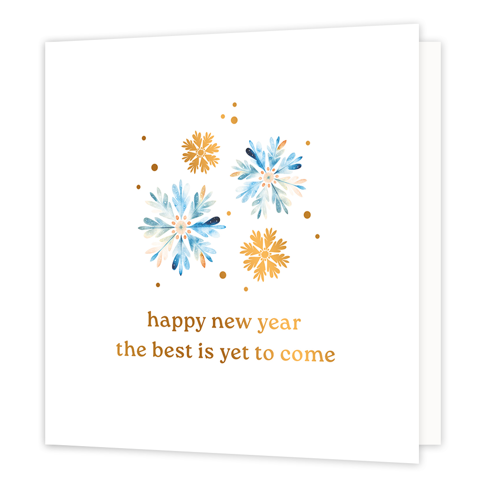 Happy new year the best is yet to come - Formaat: Normaal - Vorm: Vierkant - Kerstkaart - Op deze wenskaart staat een elegante illustratie van artistieke sneeuwvlokken in blauwe aquareltinten en goudkleur, omringd door fijne gouden spikkels. De afbeelding staat gecentreerd op een heldere, witte achtergrond voor een rustige en stijlvolle uitstraling. Onderaan staat in goudkleurige letters de inspirerende tekst "happy new year, the best is yet to come". - Snelwenskaart