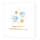 Happy new year the best is yet to come - Formaat: Standaard - Vorm: Vierkant - Kerstkaart - Op deze wenskaart staat een elegante illustratie van artistieke sneeuwvlokken in blauwe aquareltinten en goudkleur, omringd door fijne gouden spikkels. De afbeelding staat gecentreerd op een heldere, witte achtergrond voor een rustige en stijlvolle uitstraling. Onderaan staat in goudkleurige letters de inspirerende tekst "happy new year, the best is yet to come". - Snelwenskaart