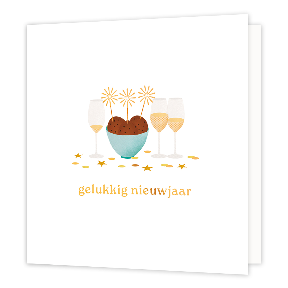 Gelukkig nieuwjaar - Formaat: Normaal - Vorm: Vierkant - Kerstkaart - Op deze wenskaart staat een minimalistische illustratie van een lichtblauwe schaal met oliebollen, versierd met drie feestelijke prikkers. Naast de schaal staan drie gevulde champagneglazen tegen een strakke witte achtergrond. De afbeelding wordt gecompleteerd door goudkleurige sterretjes en confetti die over de tafel verspreid liggen. Onderaan staat in een vriendelijk goudgeel lettertype de tekst "gelukkig nieuwjaar". - Snelwenskaart