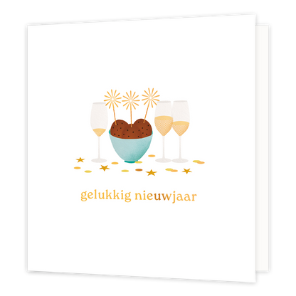 Gelukkig nieuwjaar - Formaat: Normaal - Vorm: Vierkant - Kerstkaart - Op deze wenskaart staat een minimalistische illustratie van een lichtblauwe schaal met oliebollen, versierd met drie feestelijke prikkers. Naast de schaal staan drie gevulde champagneglazen tegen een strakke witte achtergrond. De afbeelding wordt gecompleteerd door goudkleurige sterretjes en confetti die over de tafel verspreid liggen. Onderaan staat in een vriendelijk goudgeel lettertype de tekst "gelukkig nieuwjaar". - Snelwenskaart