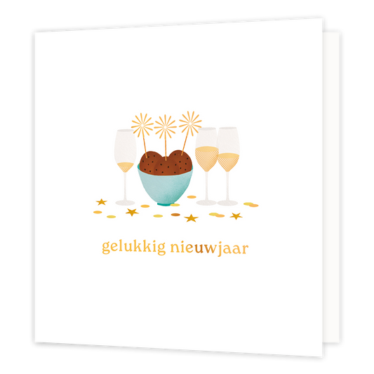Op deze wenskaart staat een minimalistische illustratie van een lichtblauwe schaal met oliebollen, versierd met drie feestelijke prikkers. Naast de schaal staan drie gevulde champagneglazen tegen een strakke witte achtergrond. De afbeelding wordt gecompleteerd door goudkleurige sterretjes en confetti die over de tafel verspreid liggen. Onderaan staat in een vriendelijk goudgeel lettertype de tekst "gelukkig nieuwjaar".
